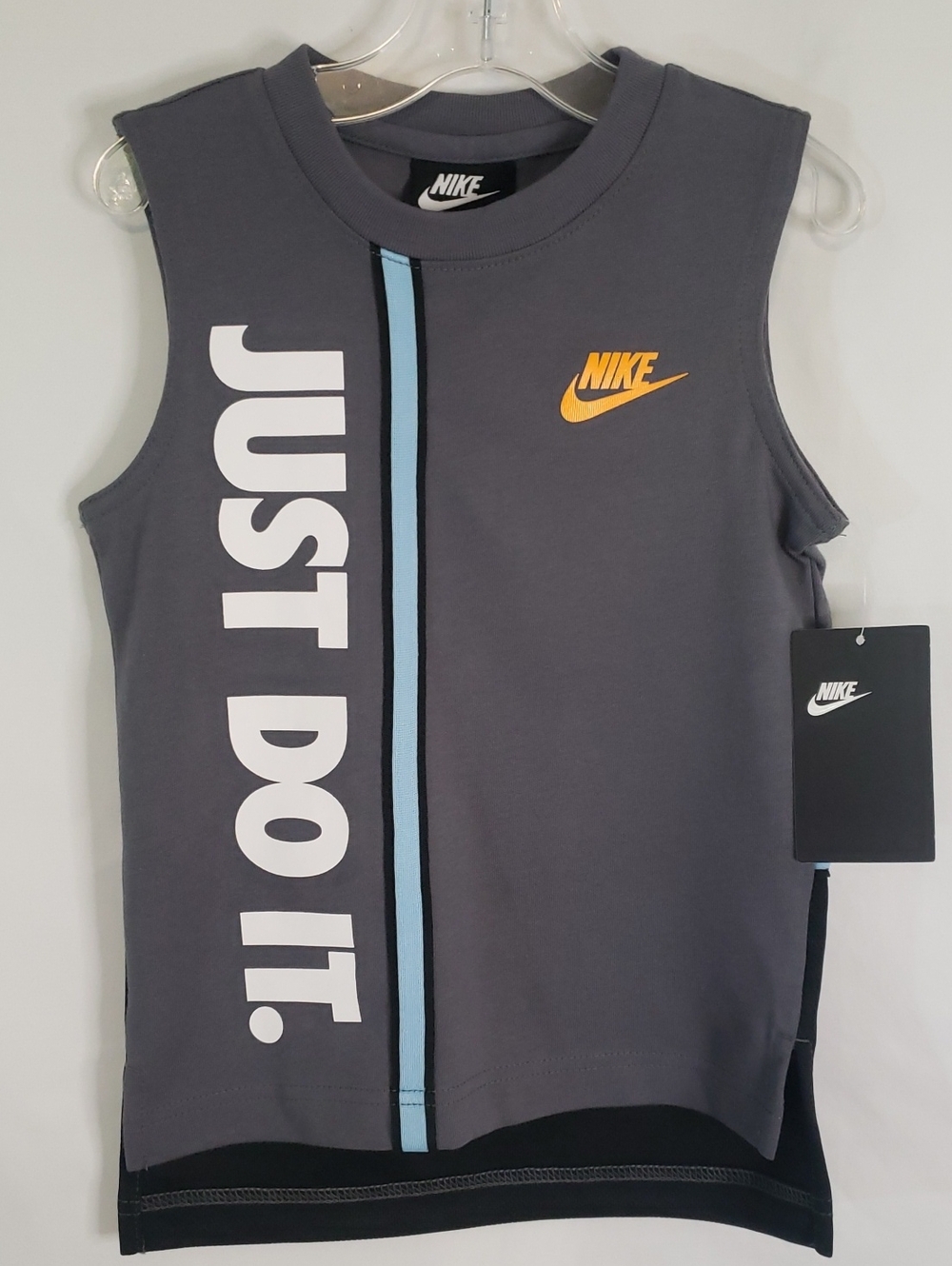Nike Charcoal Sleeveless Tank with Light Blue Stripe and Orange Swoosh